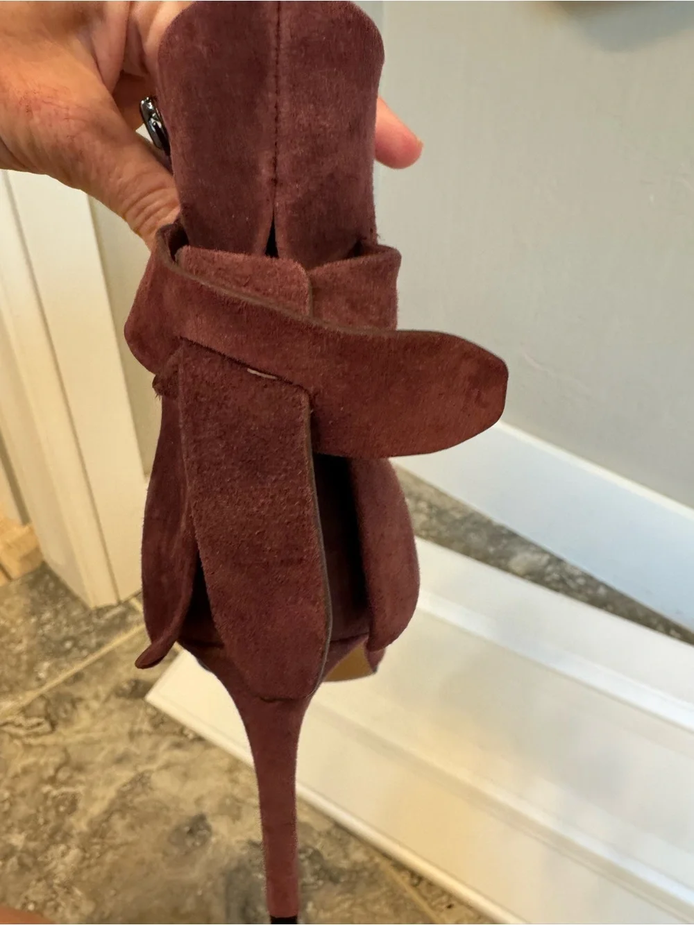 Vince Camuto Amesha Open-Toe Suede Maroon Women’s Ankle Booties with Bow Detail